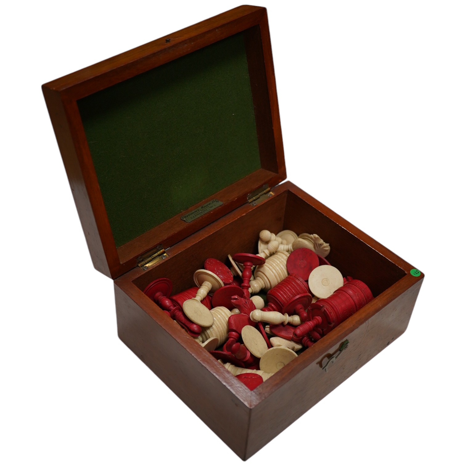 A 19th century boxed Indian stained and turned bone chess set, box 19cm wide, 10cm high. Condition - good